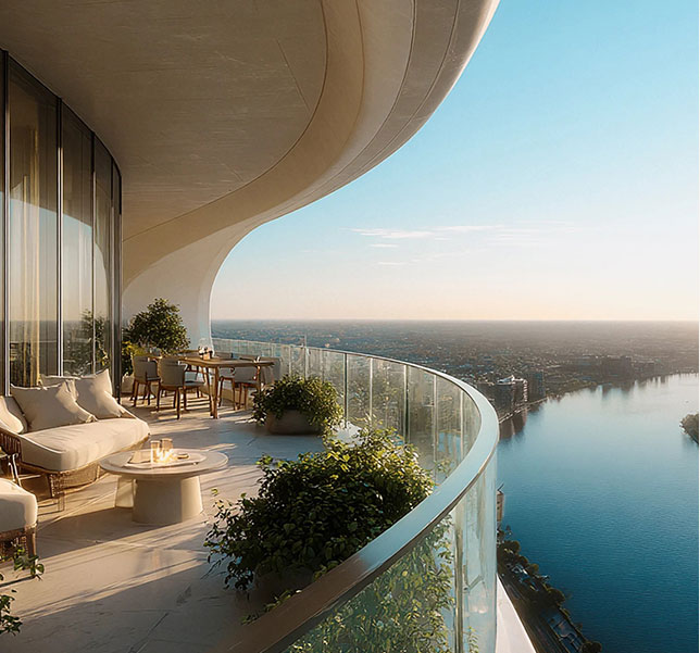 Curved residential balcony overlooking the lake and city skyline