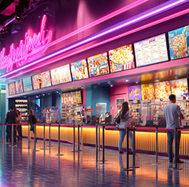 Multiplex cinema concession concourse with neon signage