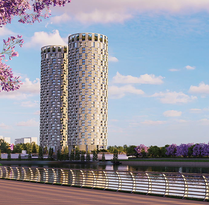 Lakeside view of the Green World twin towers with promenade in the foreground